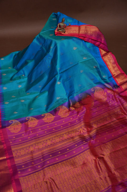 Pure Gadwal Silk Saree - Blue with Pink