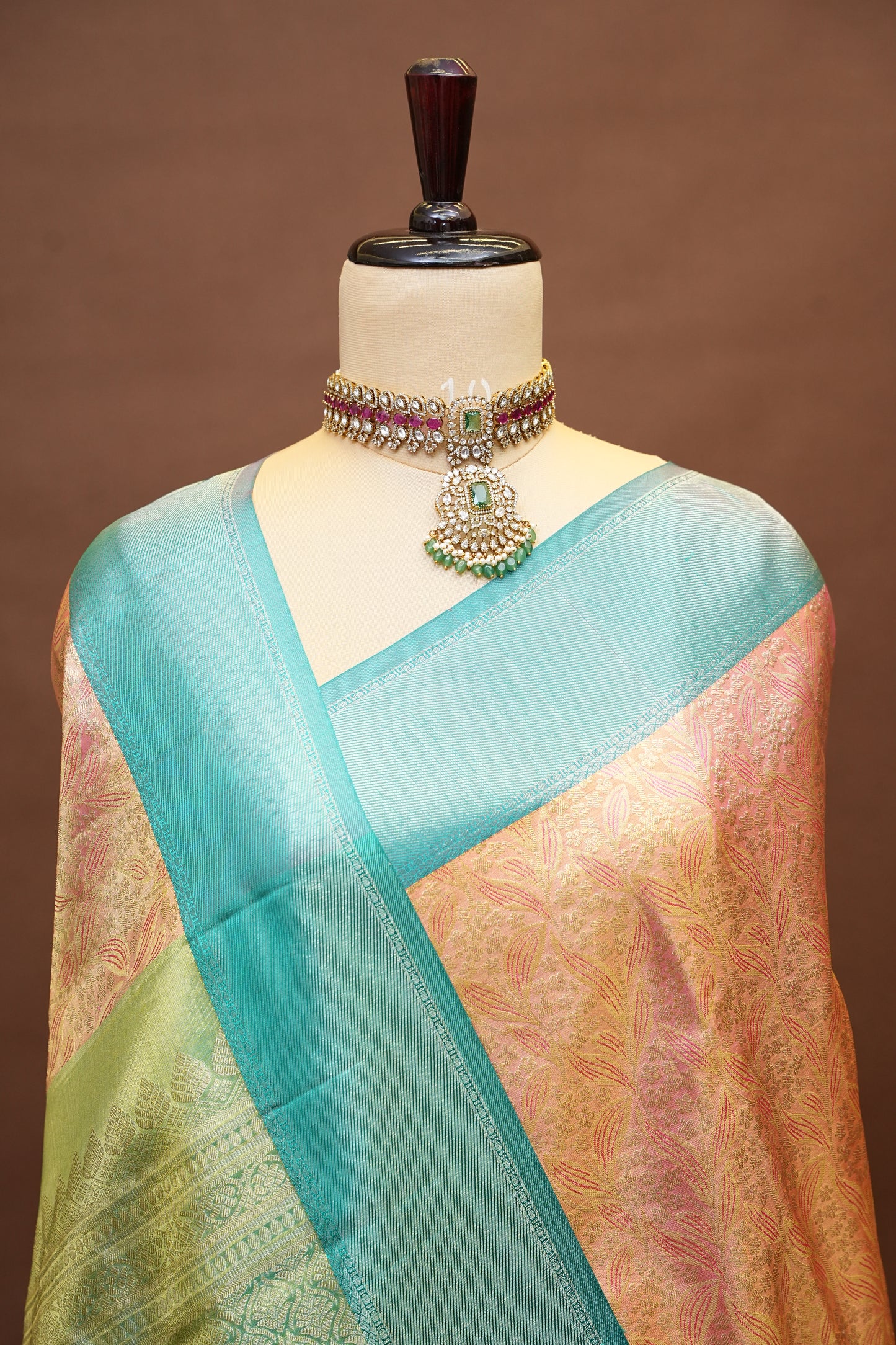 Peach & Turquoise Pure Tissue Kanchipuram Silk Saree|Silk Mark Certified
