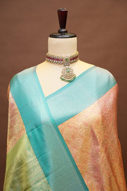 Peach & Turquoise Pure Tissue Kanchipuram Silk Saree|Silk Mark Certified