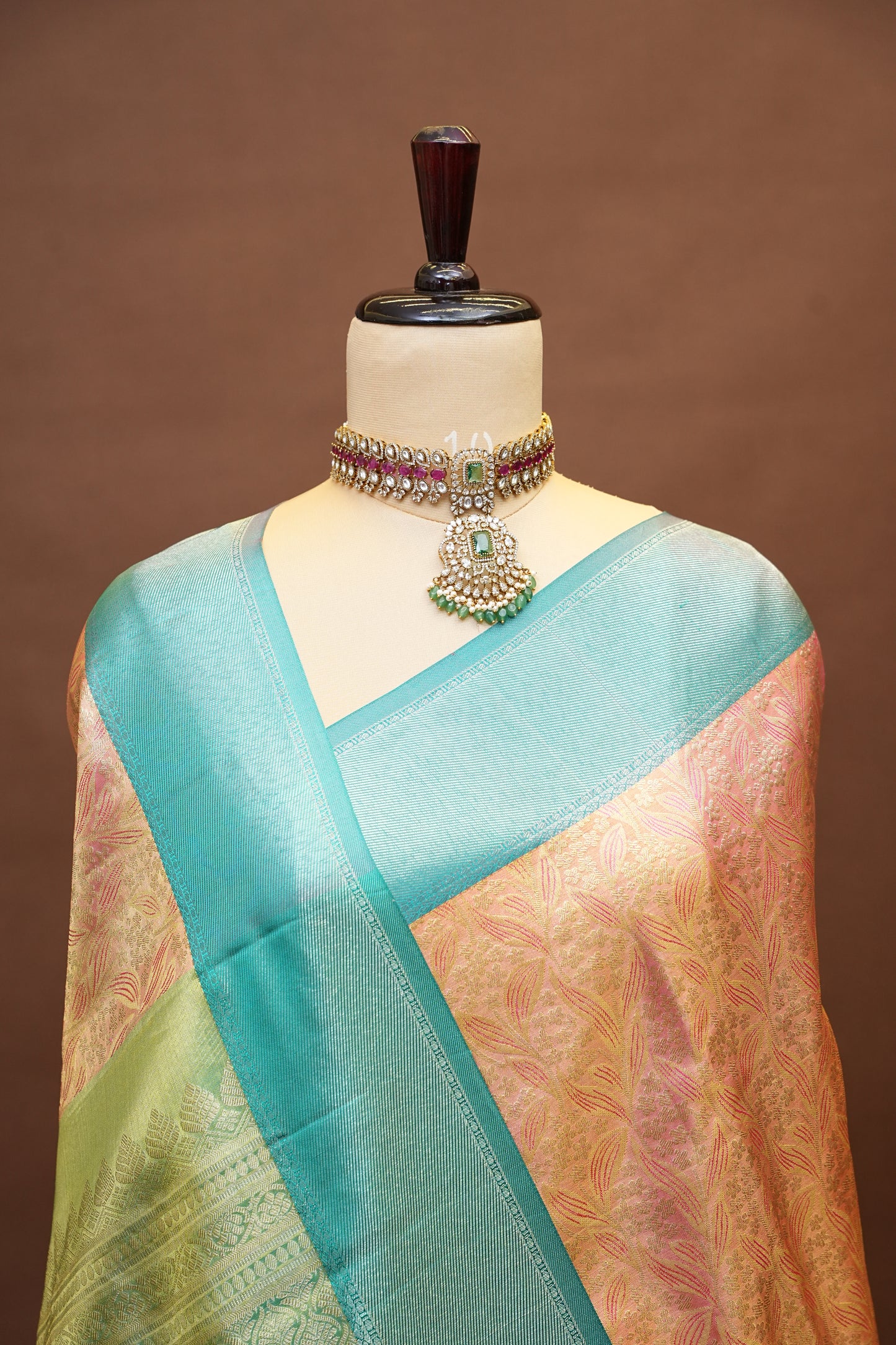 Peach & Aqua Blue Pure Tissue Kanchivaram Silk Saree with Elegant Zari Weave|Silk Mark Certified.