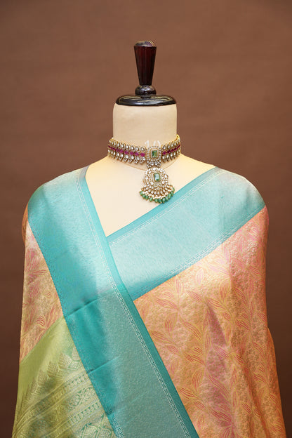 Peach & Aqua Blue Pure Tissue Kanchivaram Silk Saree with Elegant Zari Weave|Silk Mark Certified.