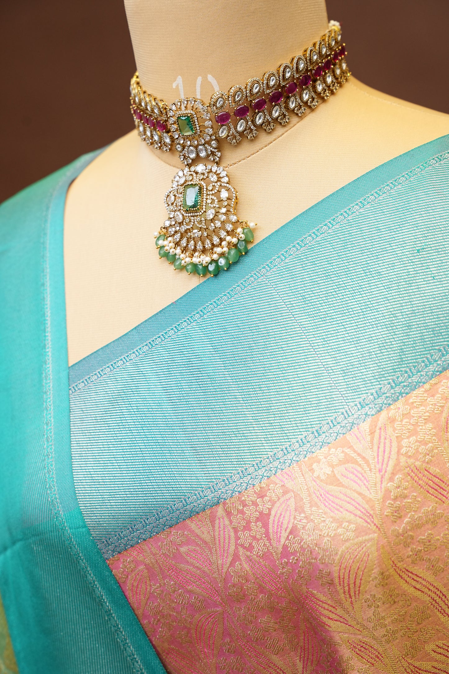 Peach & Aqua Blue Pure Tissue Kanchivaram Silk Saree with Elegant Zari Weave|Silk Mark Certified.