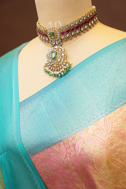 Peach & Turquoise Pure Tissue Kanchipuram Silk Saree|Silk Mark Certified