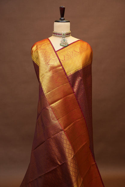 Bridal Maroon Brocade Pure Kanchivaram Silk Saree with Rich Zari Weave|Silk Mark Certified.