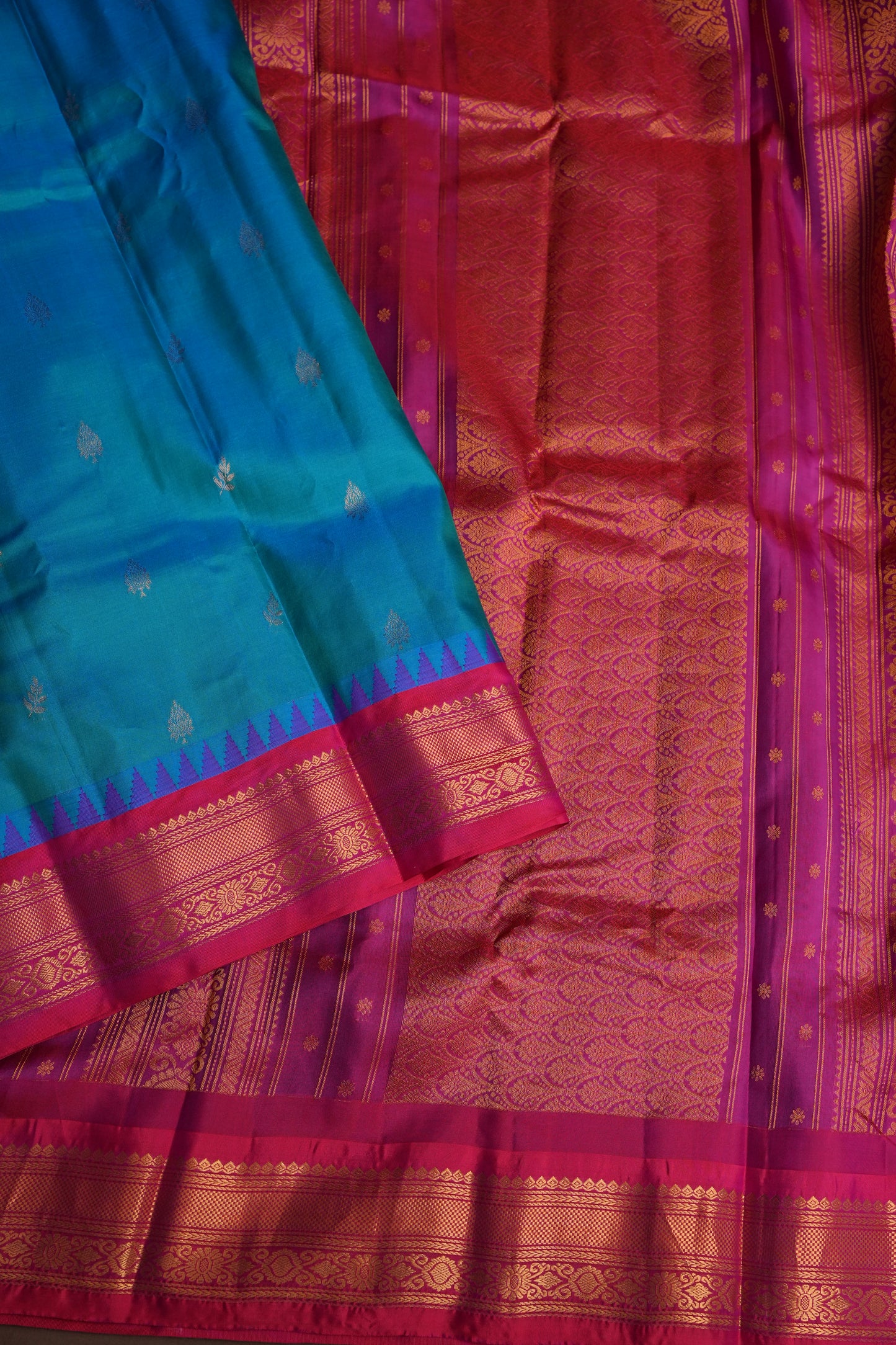 Pure Gadwal Silk Saree - Blue with Pink
