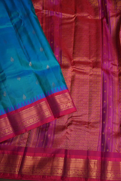 Pure Gadwal Silk Saree - Blue with Pink