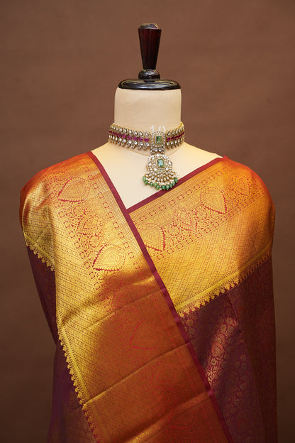 Bridal Maroon Brocade Pure Kanchivaram Silk Saree with Rich Zari Weave|Silk Mark Certified.
