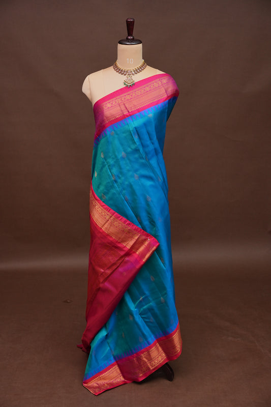 Pure Gadwal Silk Saree - Blue with Pink