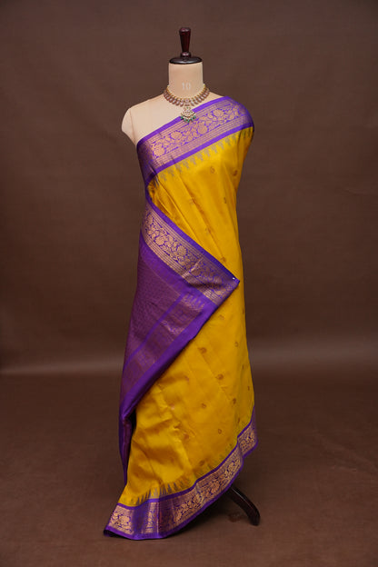 Pure Gadwal Silk Saree - Yellow with Purple
