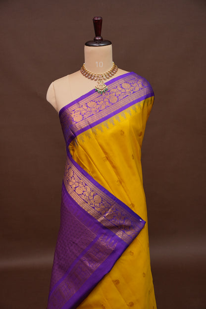Pure Gadwal Silk Saree - Yellow with Purple