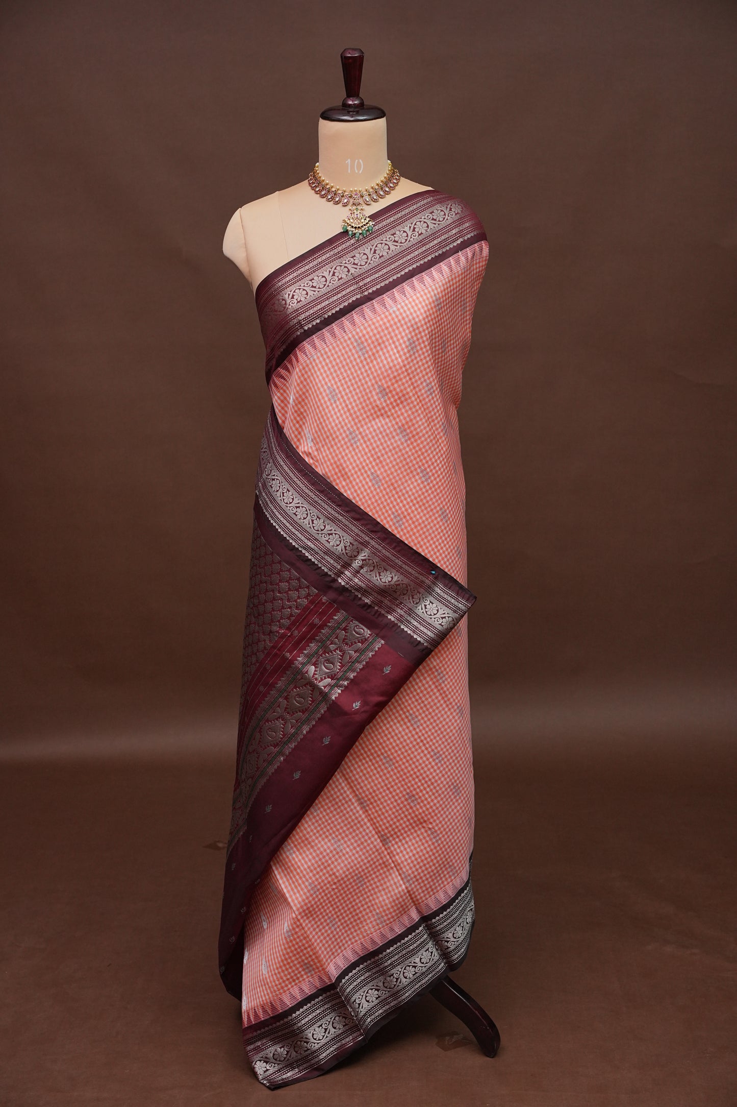 Pure Gadwal Silk Saree - Peach with Maroon