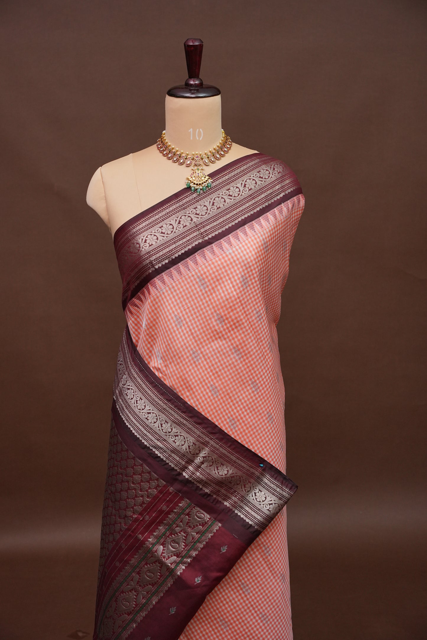 Pure Gadwal Silk Saree - Peach with Maroon