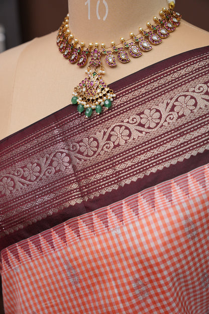 Pure Gadwal Silk Saree - Peach with Maroon