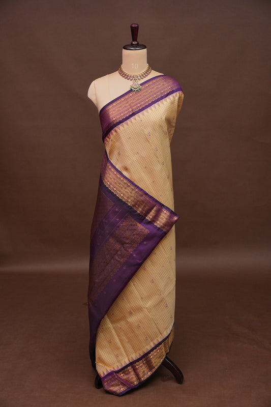 Pure Gadwal Silk Saree - Beige with Deep Purple