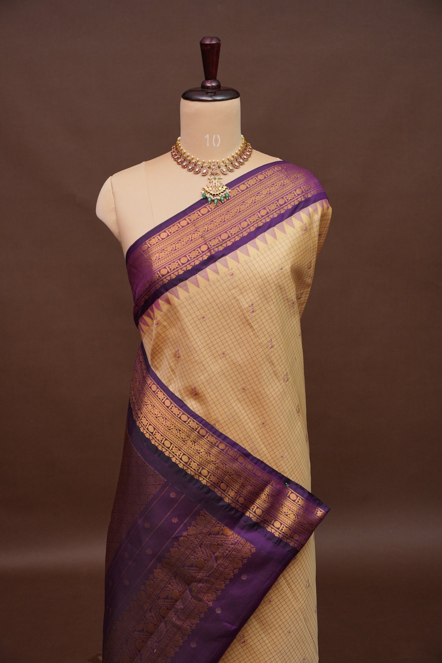 Pure Gadwal Silk Saree - Beige with Deep Purple