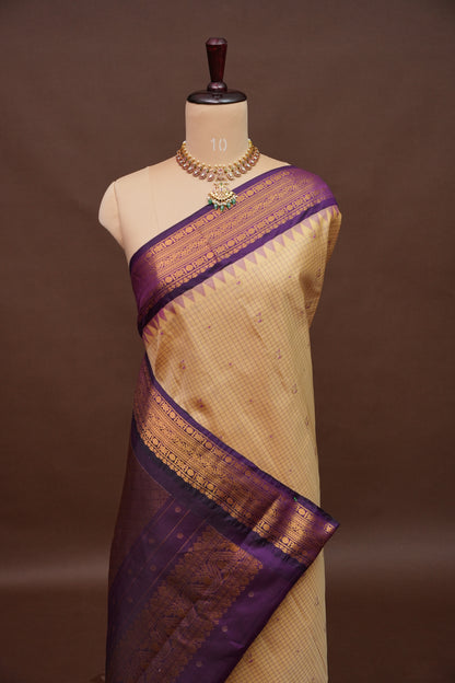 Pure Gadwal Silk Saree - Beige with Deep Purple