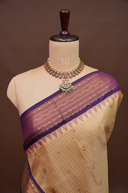 Pure Gadwal Silk Saree - Beige with Deep Purple