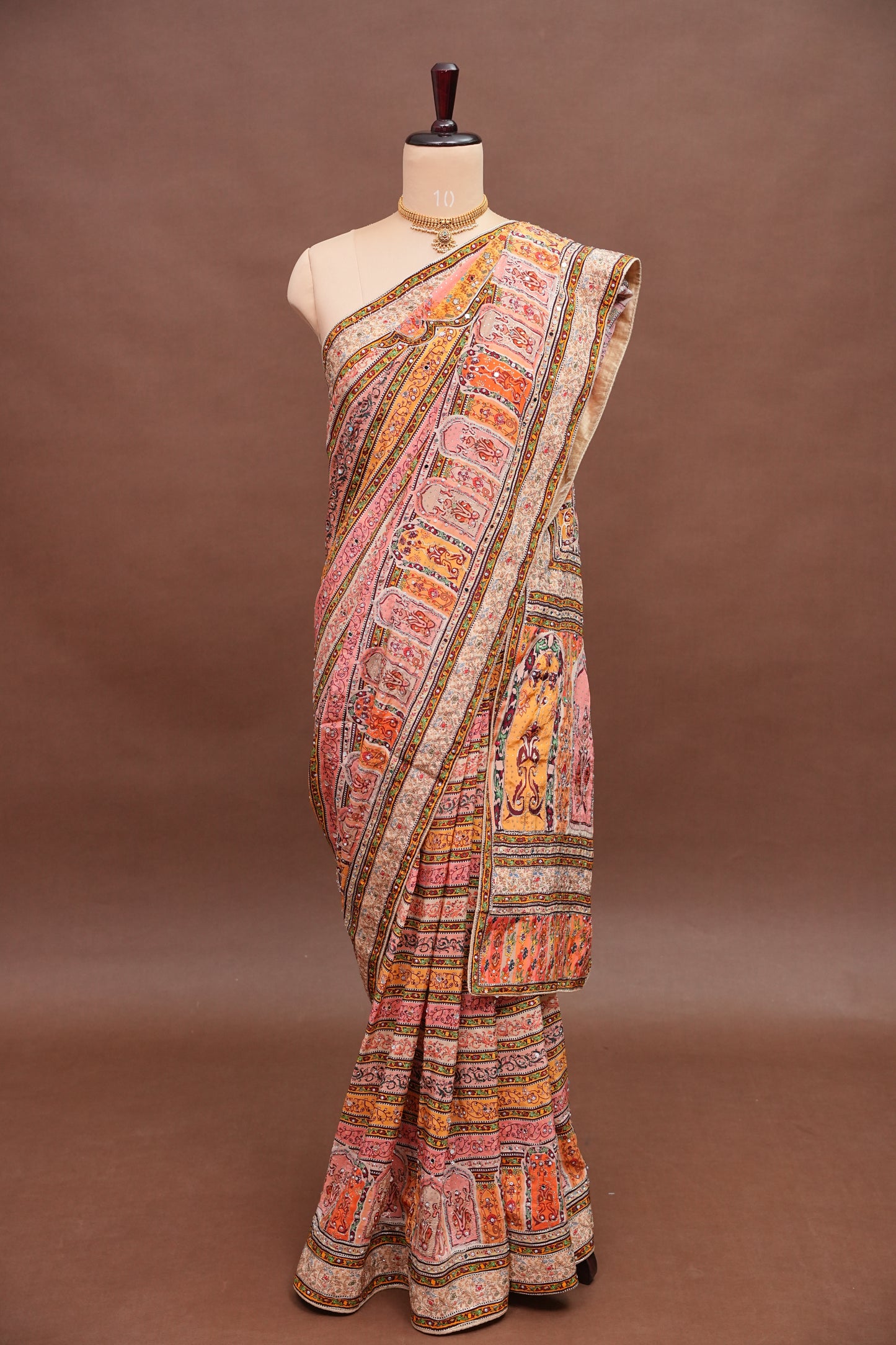 Peach, Mustard Yellow & Multicolour Heritage Print Party Wear Saree