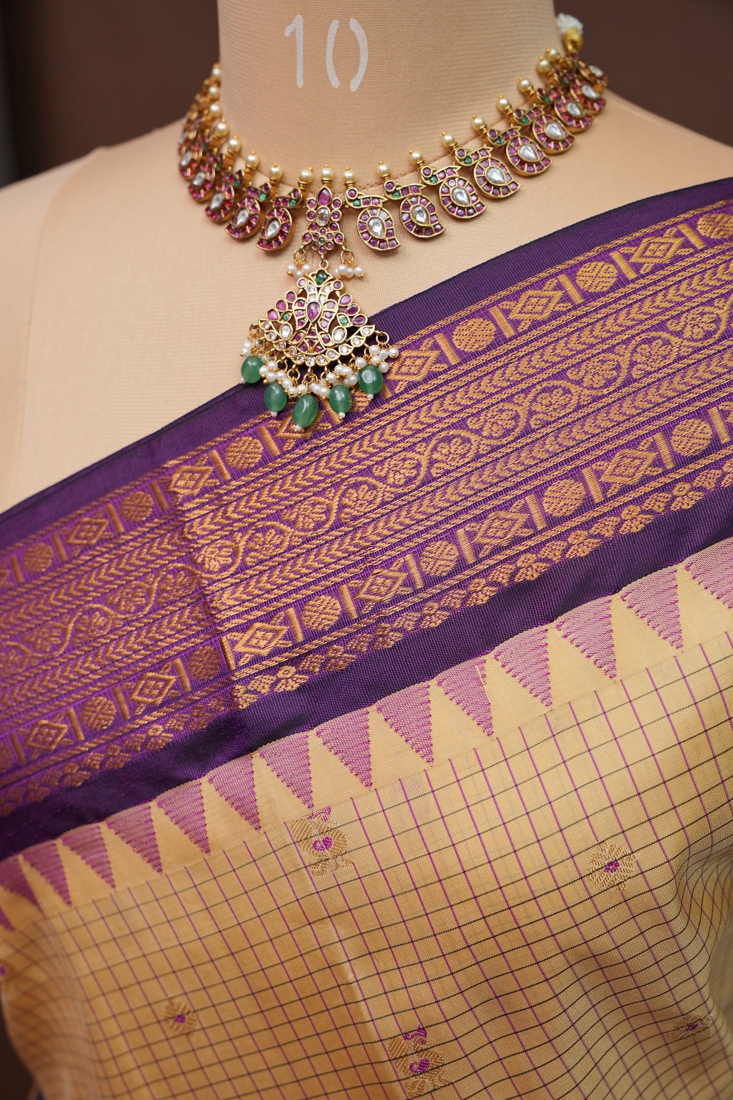 Pure Gadwal Silk Saree - Beige with Deep Purple