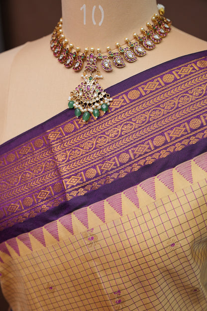 Pure Gadwal Silk Saree - Beige with Deep Purple