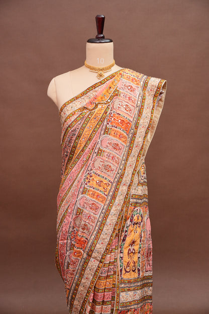 Peach, Mustard Yellow & Multicolour Heritage Print Party Wear Saree