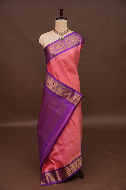 Pure Gadwal Silk Saree - Candy Pink with Deep Purple