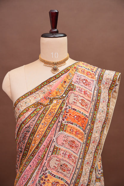 Peach, Mustard Yellow & Multicolour Heritage Print Party Wear Saree