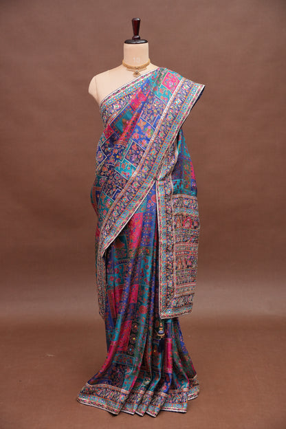 Midnight Blue Multicolour Floral Party Wear Saree