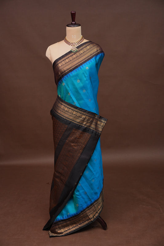 Pure Gadwal Silk Saree - Blue with Black