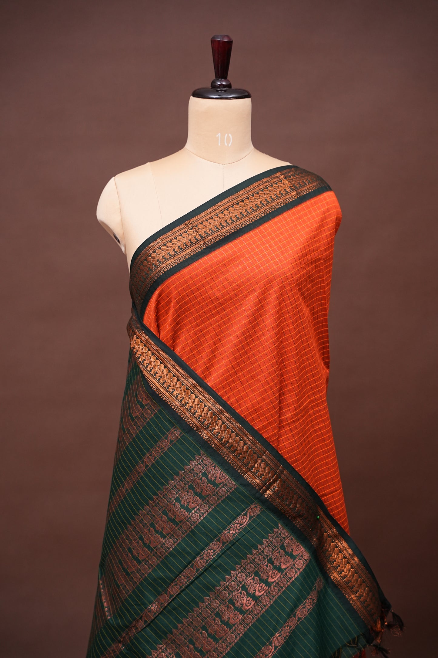 Checkered Kalyani Cotton Silk Saree - Orange