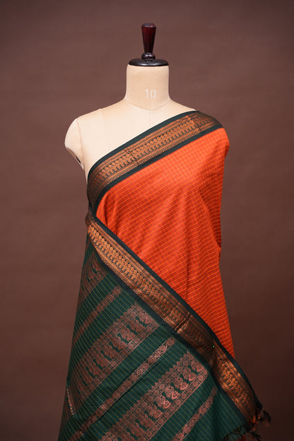 Checkered Kalyani Cotton Silk Saree - Orange