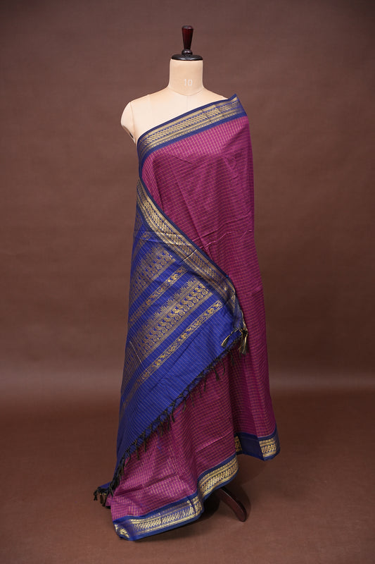 Checkered Kalyani Cotton Silk Saree - Magenta