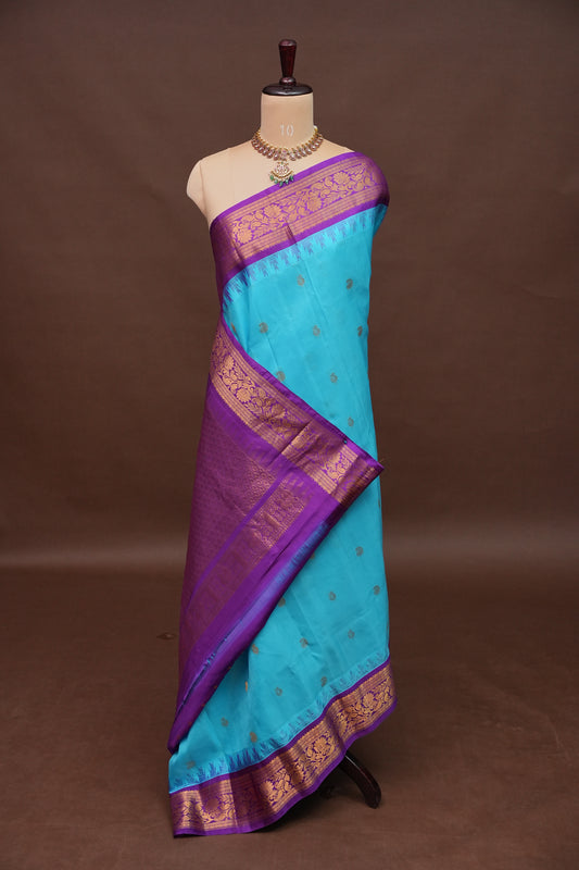 Pure Gadwal Silk Saree - Turquoise Blue with Deep Purple