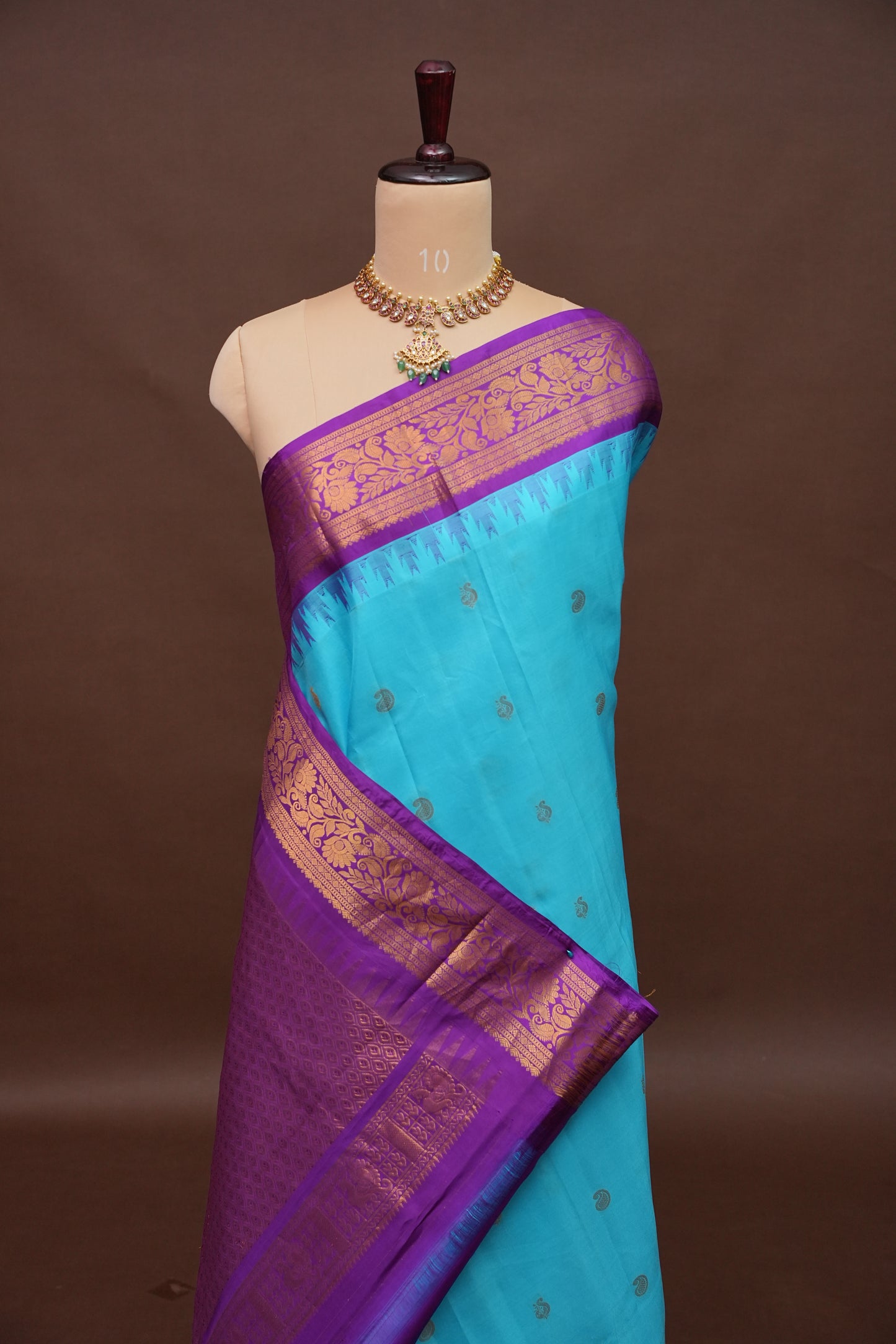 Pure Gadwal Silk Saree - Turquoise Blue with Deep Purple