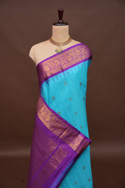 Pure Gadwal Silk Saree - Turquoise Blue with Deep Purple