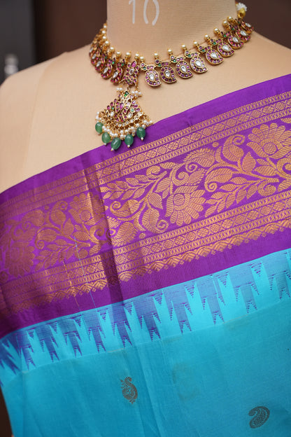 Pure Gadwal Silk Saree - Turquoise Blue with Deep Purple