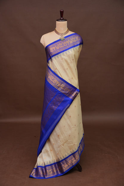 Pure Gadwal Silk Saree - Soft Ivory and Royal Blue