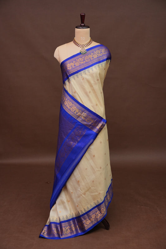 Pure Gadwal Silk Saree - Soft Ivory and Royal Blue