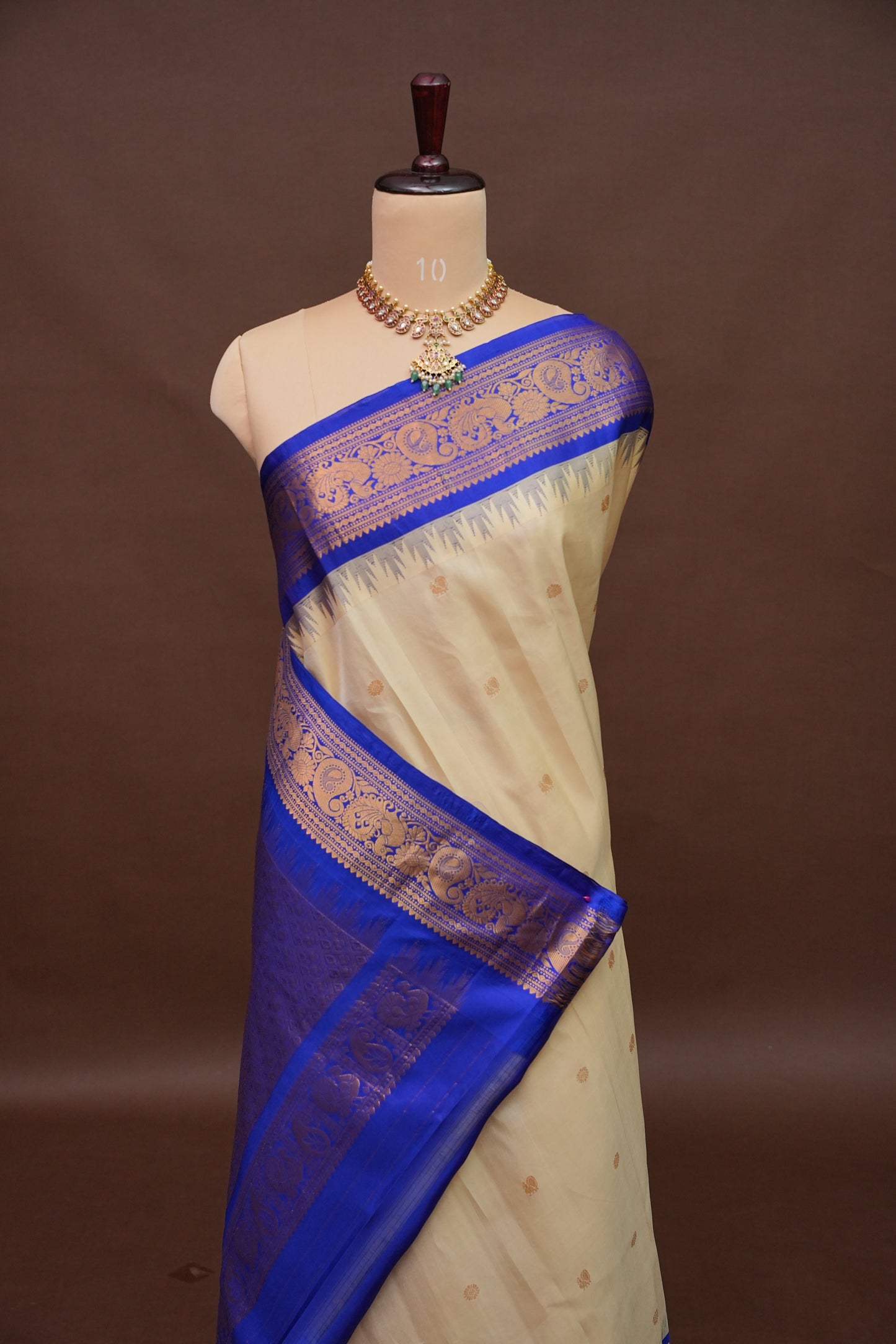 Pure Gadwal Silk Saree - Soft Ivory and Royal Blue