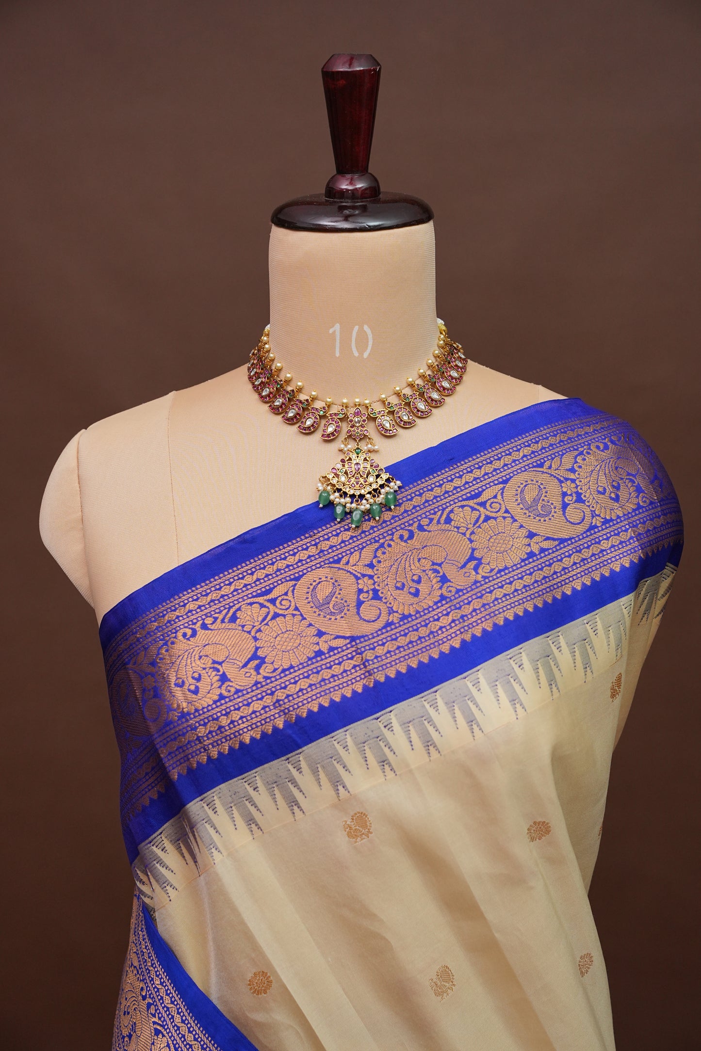 Pure Gadwal Silk Saree - Soft Ivory and Royal Blue
