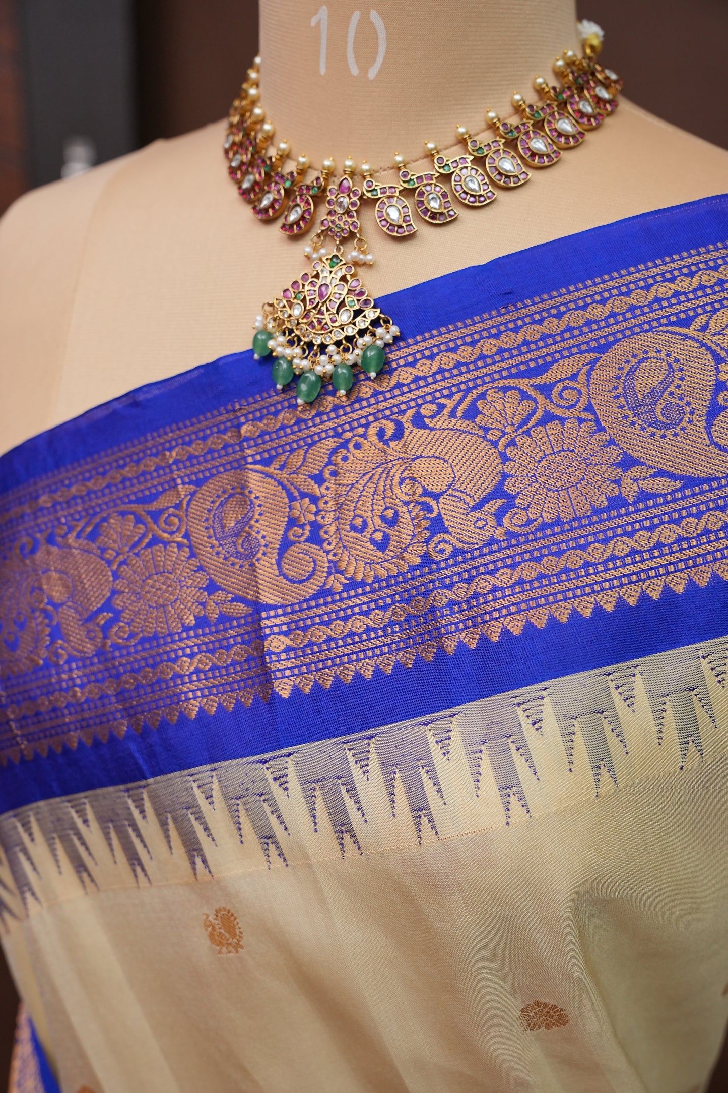 Pure Gadwal Silk Saree - Soft Ivory and Royal Blue