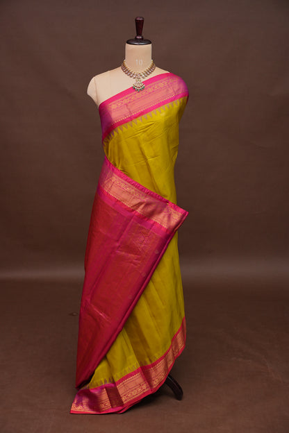 Pure Gadwal Silk Saree - Parrot Green and Hot Pink