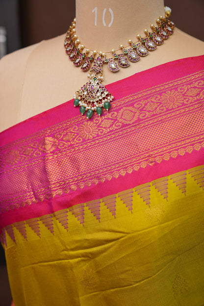 Pure Gadwal Silk Saree - Parrot Green and Hot Pink