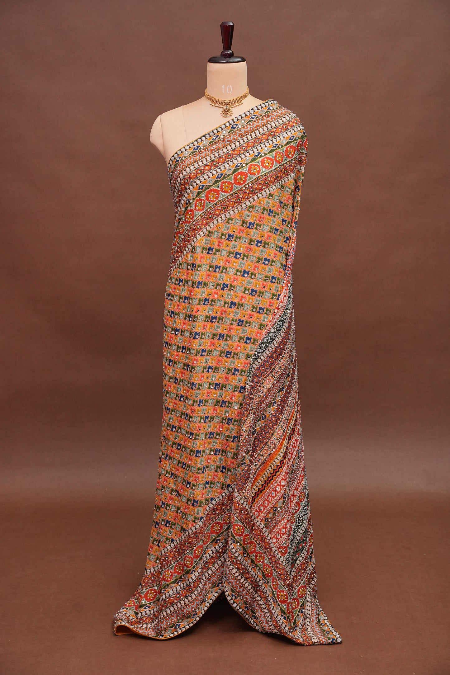 Multicolour Mirror Work Party Wear Saree with Designer Blouse