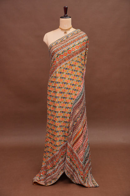 Multicolour Mirror Work Party Wear Saree with Designer Blouse