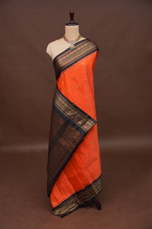 Pure Gadwal Silk Saree - Orange and Black