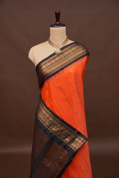 Pure Gadwal Silk Saree - Orange and Black
