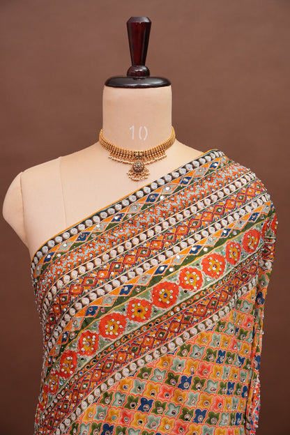 Multicolour Mirror Work Party Wear Saree with Designer Blouse