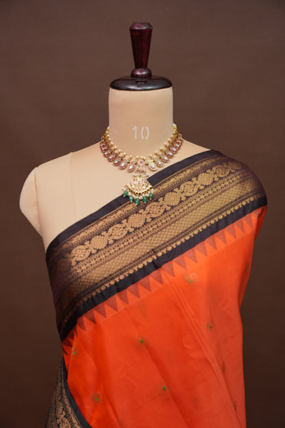 Pure Gadwal Silk Saree - Orange and Black