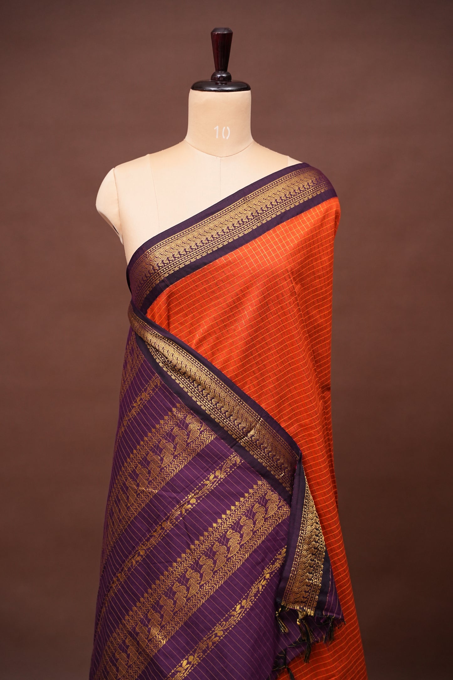 Checkered Kalyani Cotton Silk Saree - Orange
